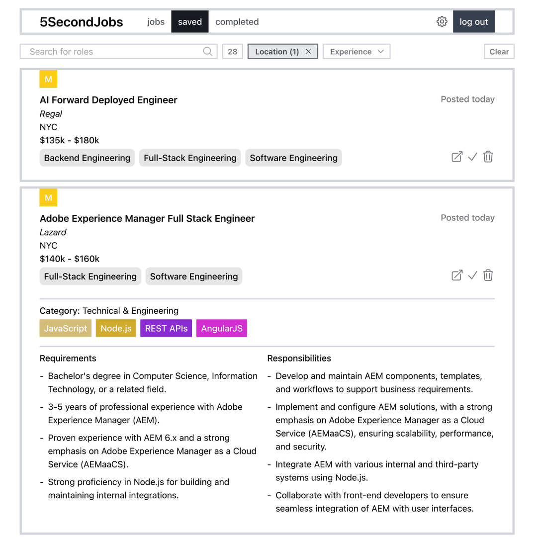FiveSecondJobs Saved Page.